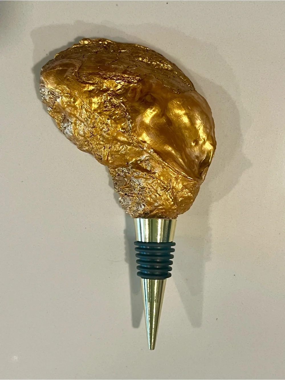 Hand-Painted Floral Oyster Shell Wine Stopper with Gold Leaf